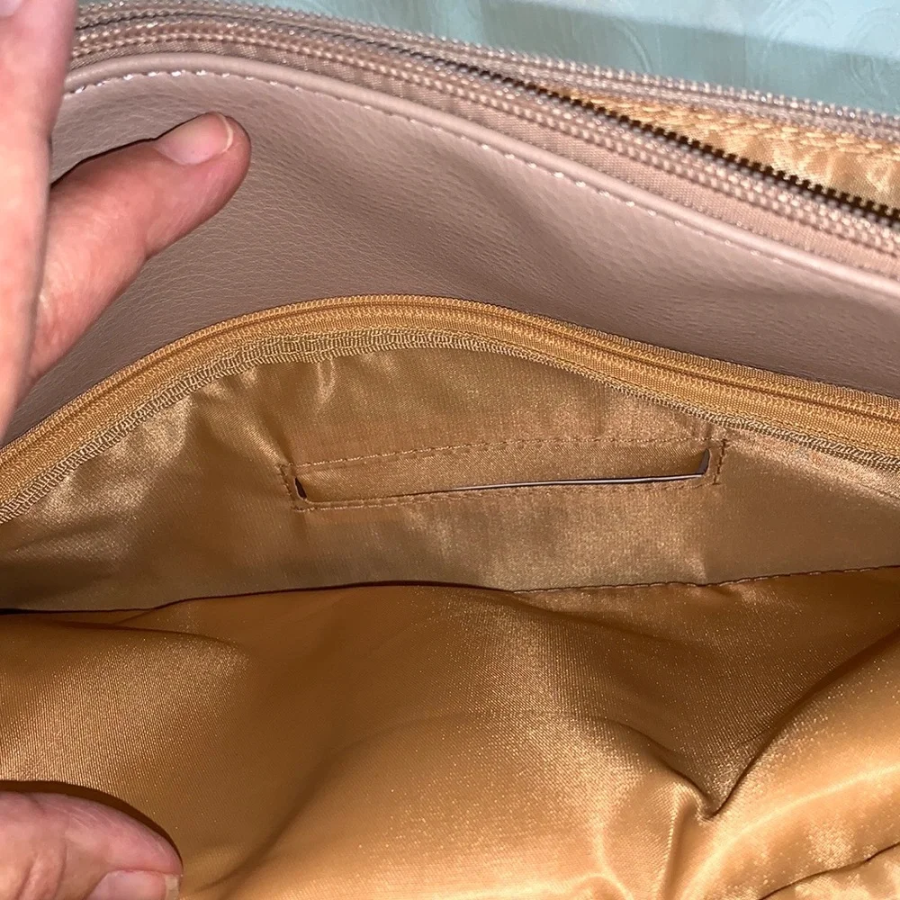Crossbody purse with both baby changing pad & place for baby wipes, in Taupe/tan